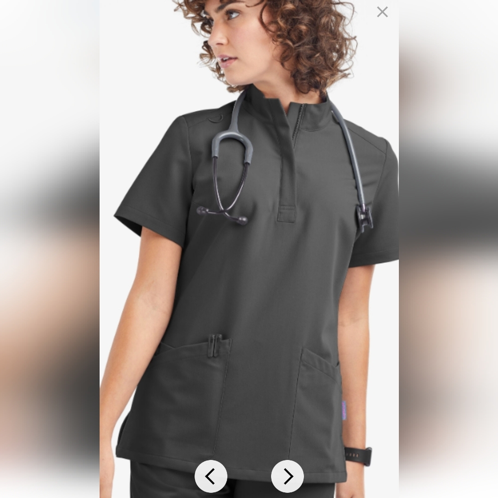 Movement by Butter-Soft Lyrae Women’s 6-Pocket Zip Closure Neck Scrub Top Pewter